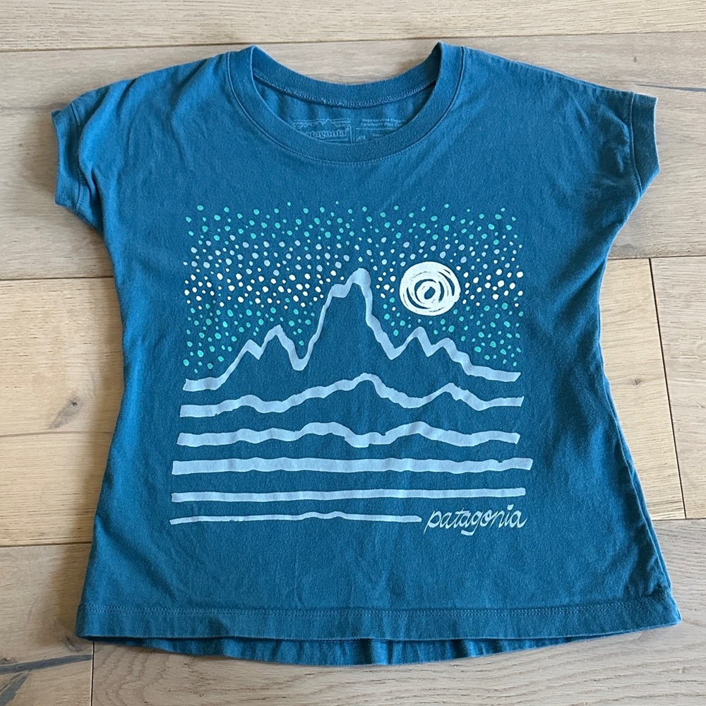 Patagonia Kids Teal Mountain Graphic Tee XS 5/6